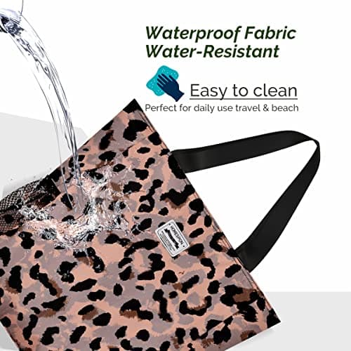 HOMESPON Large Waterproof Beach Tote Bag with Zip and Pockets for Women (Leopard Print) — view 3