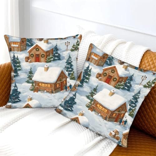 Winter Village Scene Organic Cotton Cozy Cabin StylePillow Slip Set of 2 Hypoallergenic UK Standard Size Kids Toddler Double Bed Ultra Soft No Pilling Gift Giving 40x40cm — view 3