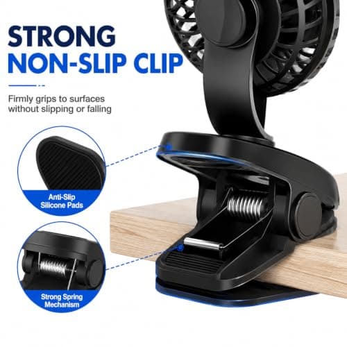 2 Pack USB Rechargeable Clip On Desk Fan, Portable Mini Cooling Fan with 3 Speed Settings, 360° Adjustable Head, Strong Clamp, Quiet Personal Fan for Office, Bedroom, Baby Stroller, Camping, Black — view 4