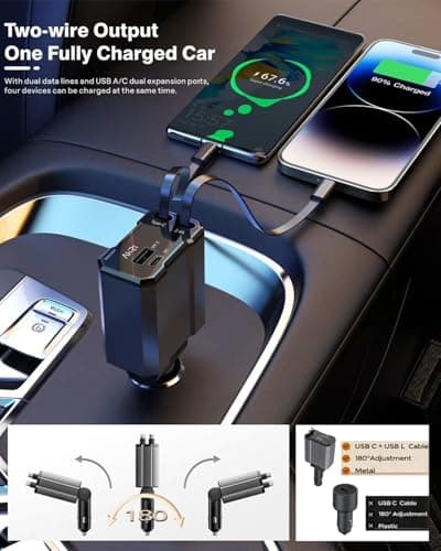 Retractable Car Charger, 4 in 1 Fast Car Charging USB c,Road Trip Essentials,Travel Essentials Gifts for Women Men, Car Accessories for iPhone 16 15 14 13 12, for Samsung, Black (C01) — view 3