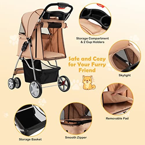 Maxmass Travel Pet Stroller, Foldable Small Medium Sized Dog Cat Trolley with Storage Basket, Safety Belt and Cup Holder, 4 Wheels Puppy Pushchair (Beige) — view 5
