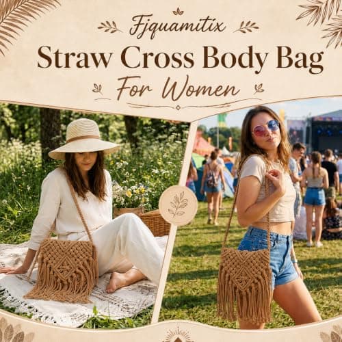 Fjquamitix Straw Cross Body Bag Women Boho Macrame Handmade Crochet Bag With Zipper Closure Fringe Shoulder Beach Purse Summer Handbags Travel Vacation Daily Use (Coffee) — view 2