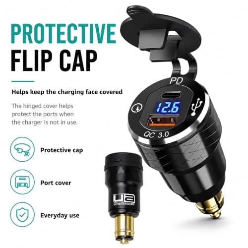 UltimateAddons Motorcycle DIN Hella USB Charger with Voltmeter – 38W USB-A QC 3.0 & USB-C PD Fast Charger for BMW, Triumph & Compatible Motorcycles — view 4