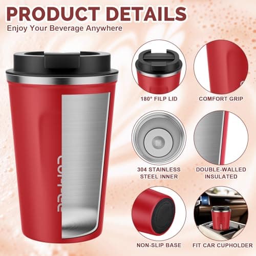 MOMSIV Coffee Cup, 380ml Stainless Steel Coffee Mug with Leak-Proof Lid, Insulated Vacuum Leakproof Travel Mug, Double-Walled Insulated Car Mug for Coffee, Tea Water (Red) — view 5