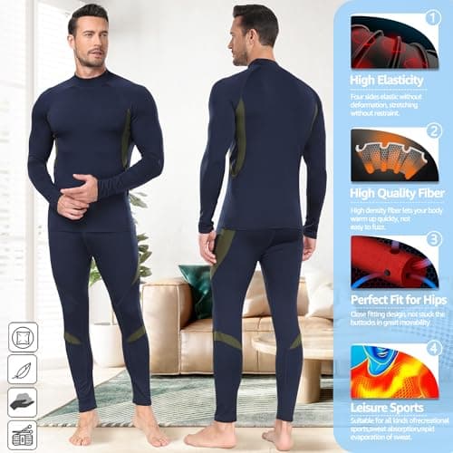 UNIQUEBELLA Mens Thermal Underwear Set Long Sleeve Turtleneck Tops Long Johns Thermal Base Layer Bottom Fleece Lined Quick Drying — view 5