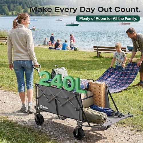 Sekey Festival Trolley with Expandable Tailgate - 350-500L, 440LB Heavy Duty Folding Camping Wagon, Brake, All-Terrain Wheels, Patented 4-Way Folding & One-Click Adjustable Handle, Beach Cart - Grey — view 2