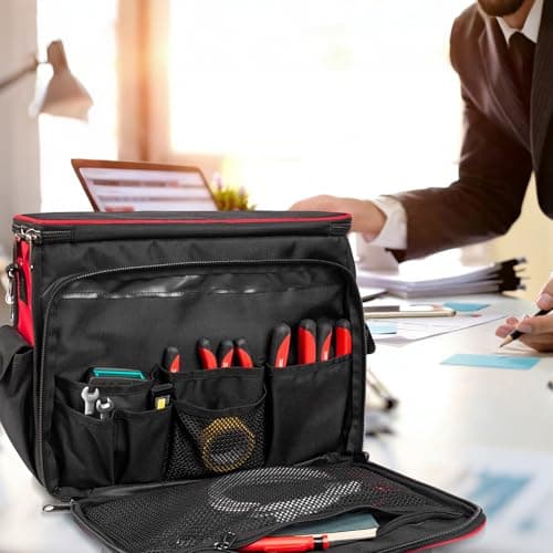 HAUTMEC Heavy-Duty Technician Tool Bag, 42-Pocket 1680D Tool Tote with Laptop Compartment, Water-Resistant Hard Base, Padded Shoulder Strap for Electricians, HVAC, IT & Maintenance – HT0408 — view 2