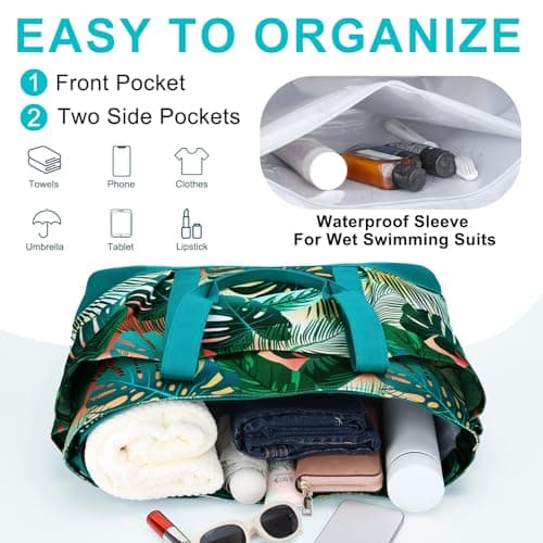 VASCHY Large Beach Bag with Zip, 30L Oversized Utility Travel Tote Bags for Women Waterproof Sandproof Summer Bag with Wet bag Foldable Handbag for Holiday Pool Gym Shopping Green Leaves — view 4