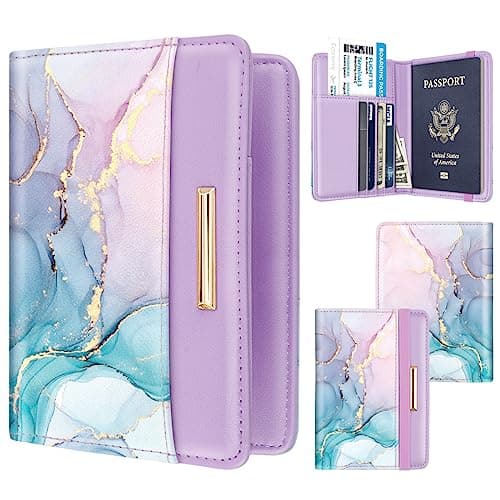 Passport Holder Cover Travel RFID Blocking Passport Cover Rose Gold Cute Flowers Passport Wallet with Elastic Band for Women, Gradient Marble, Casual — view 2