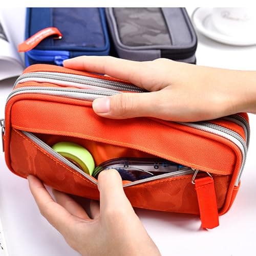RubyTint Portable Large Capacity Pencil Case – 3-Compartment Fabric Stationery Organizer for School, Office & Travel, Camouflage Pen Bag for Boys & Girls (Orange) — view 3