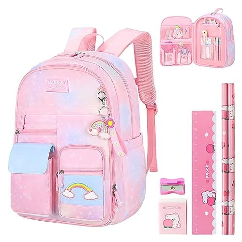 Aedcbaide School Bags for Girls with Stationery Set, Refrigerator Door Kids Backpack Rucksack for Primary School, Lightweight Pink School Bag for 8-10 Years Old (Girls, Pink)