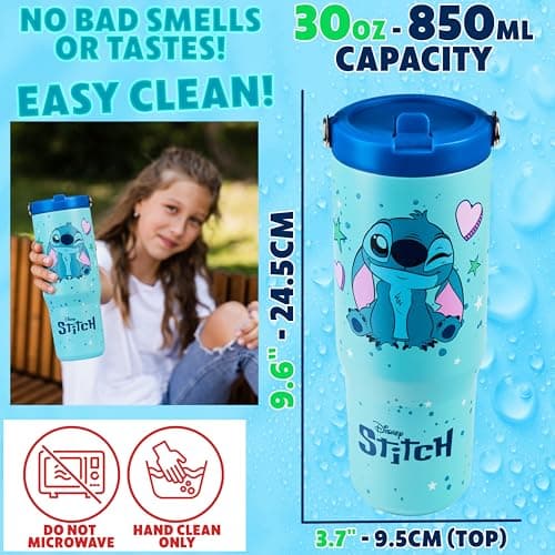 Get Trend Disney Stitch Insulated Tumbler Flip Up Straw & Handle, Metal Travel Water Bottle 850ml/30oz, Thermal Double Wall Vacuum, Hot & Cold Drinks (Blue Stitch) — view 6