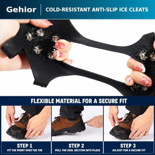 Gehior Ice Grips for Shoes and Boots, 10-Stud Anti-Slip Crampons with Stainless Steel Spikes, Flexible TPE Snow Grips for Winter Walking, Hiking, Trekking and Ice Fishing (L) — view 2