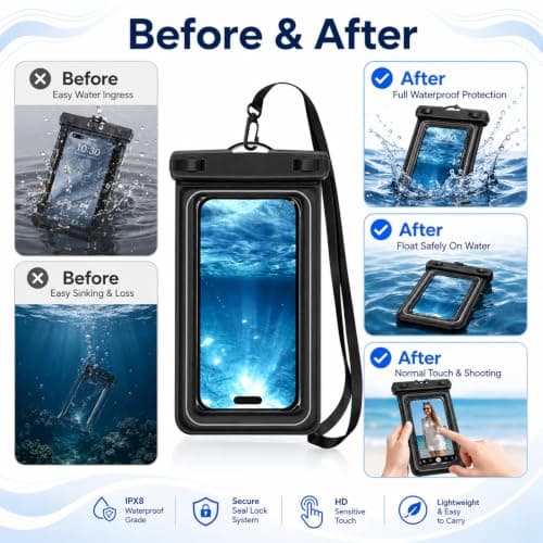 Lafefe Waterproof Phone Pouch IPX8 Floating Waterproof Phone Case for 7.5 Inch Phones with HD Touch Screen & Adjustable Lanyard for Swimming Beach Diving Kayaking - Black & Grey — view 4