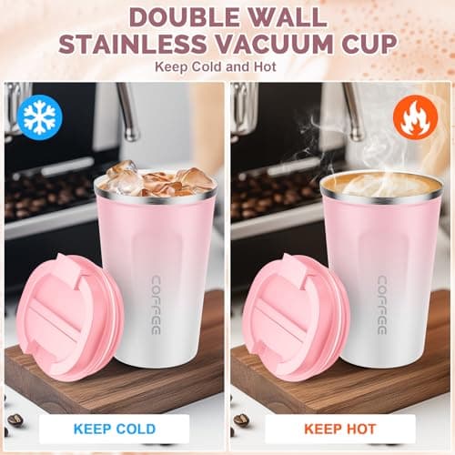 MOMSIV Coffee Cup, 380ml Vacuum Reusable Leakproof Double Wall Coffee Cup, Insulation Stainless Steel Eco-Friendly Travel Office Mug for Hot Coffee Tea and Cold Drinks, Pink — view 3