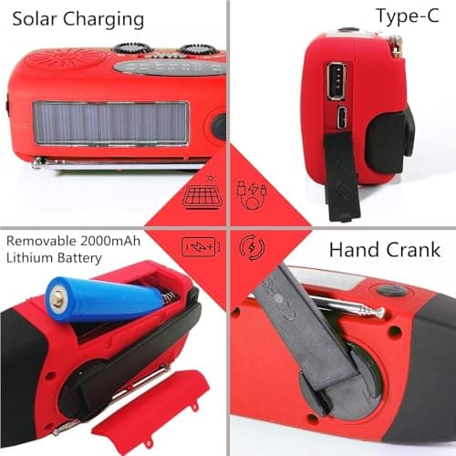 2000mAh SOS Alarm Emergency AM FM Weather Radio, 3LED Type-C Hand Crank Solar Battery Operated Portable Wind Up Radio Flashlight, Cell Phone Charger Survival Kit (Red) — view 4