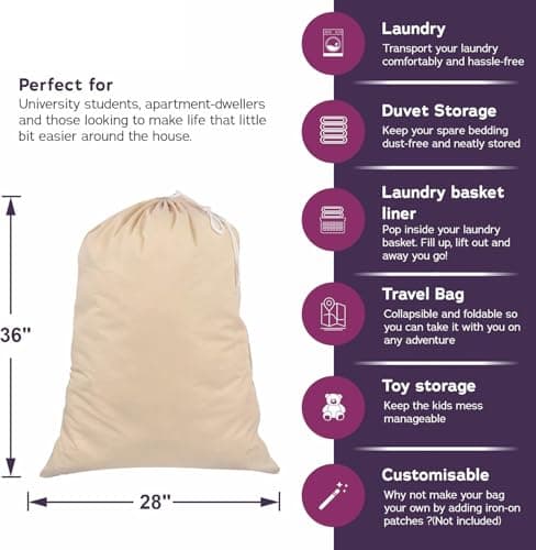 Sweet Needle Heavy Duty Extra Large Laundry Storage Shopping Bag, 71x91 CM (28x36 IN) 75L - 100% Cotton, Highly durable, Draw-cord with cord-lock, Machine Wash and reusable Travel Bags — view 2