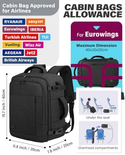 VANKEV 40x30x20 Ryanair Cabin Bag Underseat Travel Backpack Hand Luggage — view 3