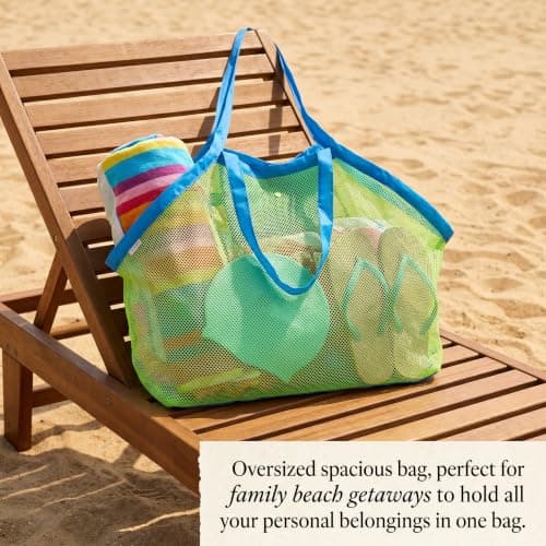 Large Mesh Beach Bag,Beach Toy Bag for Kids,Mesh Beach Bags,Foldable Toys Net Tote Bags Waterproof Lightweight for Sand Storage for Wet Towels Swim Pool Travel Essentials Accessories (40x24x38 cm) — view 6