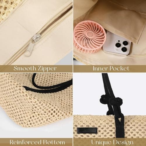 ALANTOP Straw Beach Bag for Women, Large Crochet Woven Tote with Zipper, Lightweight Summer Shoulder Handbag for Vacation, Travel, Pool, and Daily Use (Beige) — view 2