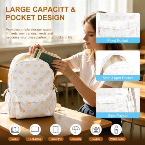 Cat Print Aesthetic Backpacks School & Pencil Case Set Lightweight 14 Inch Laptop Rucksack Preppy School Bag for Teen Girls Boys Middle School College Travel Work (White schoolbag + beige pencil case) — view 3