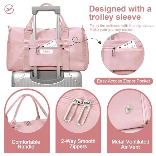 FIORETTO Womens Gym Sports Bag Travel Bag with Shoes Compartment & Wet Pocket, Weekend Overnight Duffle Hospital Bag Carry On Bag Holdall for Travel Swimming Pink — view 4