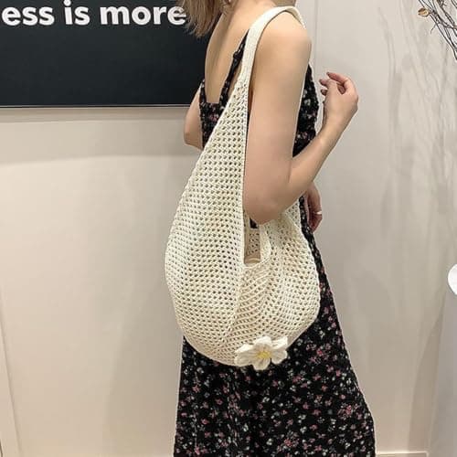 ZAUXVAI Crochet Mesh Tote Bag, Knitted Flower Shoulder Bag, Openwork Breathable Beach Tote Bag, Boho Woven Mesh Shopping Bag, Large Capacity Summer Casual Bag for Women — view 3