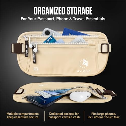 VENTURE 4TH Travel Money Belt - Keeps Your Cash Safe When Travelling - Hidden Waist Passport Holder with RFID Blocking Technology is Designed for Superior Anti-Theft Protection and Comfort (Beige) — view 5