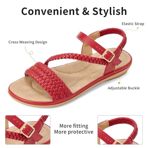 Women’s Dressy Flat Sandals, Strappy Open Toe Low Flat Sole Summer Shoes - Casual Walking Sandals for Vacation Wedding Guest Office Evening Travel Beach Resort Daily Outdoor Wear (Red,9.5) — view 5