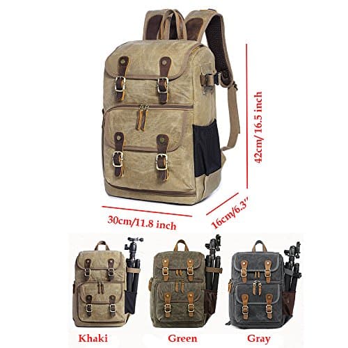YuanWen DSLR Camera Canvas Backpack Large Capacity Front Open Waterproof Anti-shock SLR/DSLR Camera Rucksack Camera Travel Bag Professional Camera Bag Green — view 5