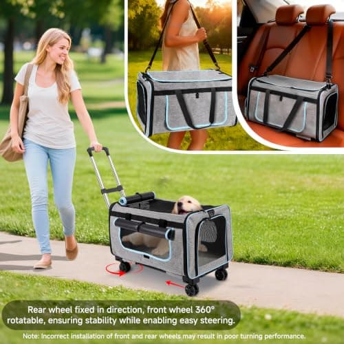 Wheelive Large Pet Carrier with Detachable Wheels, 2 IN1 Foldable Soft-Sided Carriers- Designed for Dogs & Cats, Telescopic Handle, for Outdoor Car Indoor, Max. 44 LBS(Not for Airline) — view 6