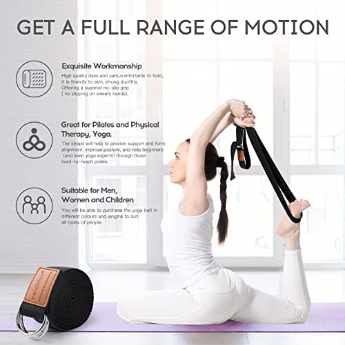 voidbiov D-Ring Buckle Yoga Strap 1.85 or 2.5M, Durable Cotton Adjustable Belt Perfect for Holding Poses, Improving Flexibility and Physical Therapy Black2.5M — view 6