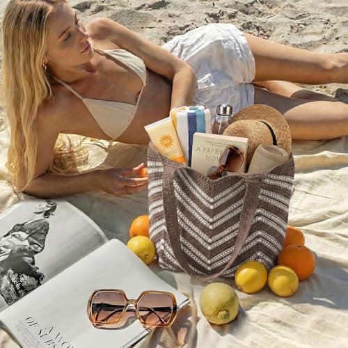 viiotu Beach Bags for Women Large Beach Tote Bag Summer Crochet Straw Woven Boho Holiday Shoulder Handbag (Light Brown, One Size) — view 3