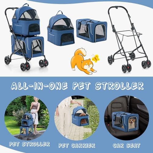 Maxmass 3 in 1 Pet Stroller, Folding Dogs Travel Carrier with Wheels, Safety Belt, Side Pockets, Breathable Mesh & Removable Pad, Pet Travel Cart for Dogs Cats (Blue) — view 2