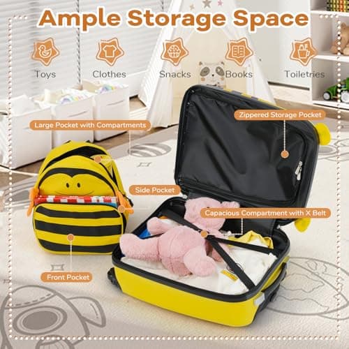 GYMAX 2Pcs Kids Luggage Set, 12" Backpack & 16" Children Hardshell Suitcase with Wheels & Anti-Lose Rope, Boys Girls Carry On Luggage Set for Travel School — view 2
