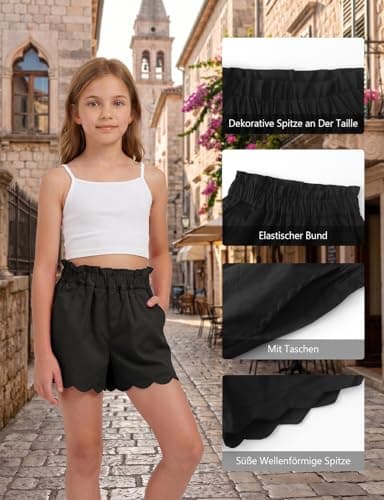 Spring&Gege Girls' Summer Shorts, Elastic Waist with Ruffled Hem & Side Pockets,Soft Cotton Shorts for Back-to-School Season Outdoor Activities, Beach & Casual Attire(Black,9-10 Years) — view 4