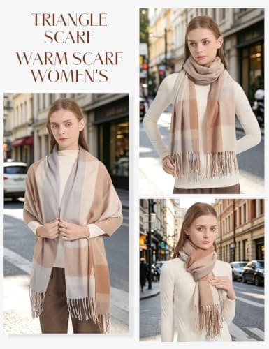 Vijamiy Womens Winter Scarf, Soft Checked Tartan Scarf for Women, Long Warm Shawl Wrap with Tassels, Lightweight Ladies Scarf for Autumn Winter, Brown & Light Blue — view 2