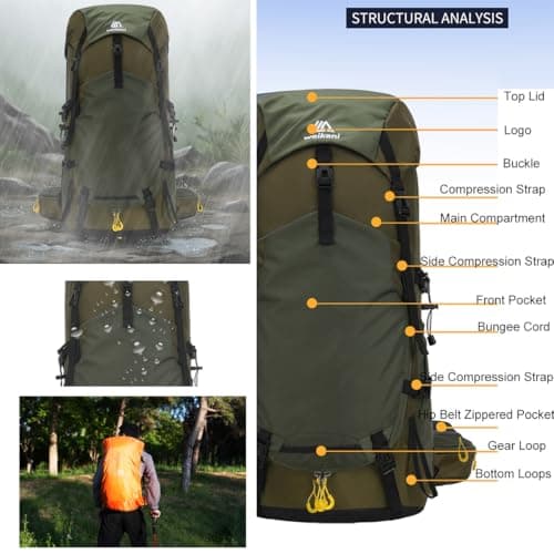 Hnayett 60L Hiking Backpack Waterproof Rucksack Large Camping Bag with Rain Cover for Men Women Lightweight Back Pack for Trekking Walking Cycling Climbing Travelling Outdoor Sports — view 3