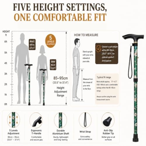 HATAF Adjustable Folding Walking Stick 85-95cm for Men, Women & Ladies – Lightweight Collapsible Cane, Balance Support & Non-Slip Tip, Mobility Aid for Seniors, Elderly & Disabled (Green Flowers) — view 6