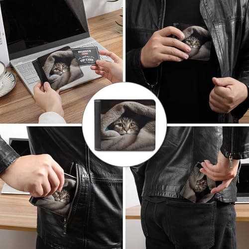 GHBNK Cat Under Blanket Men's RFID-Blocking Leather Bifold Slim Wallet with Flip ID Window for Men Travel — view 3