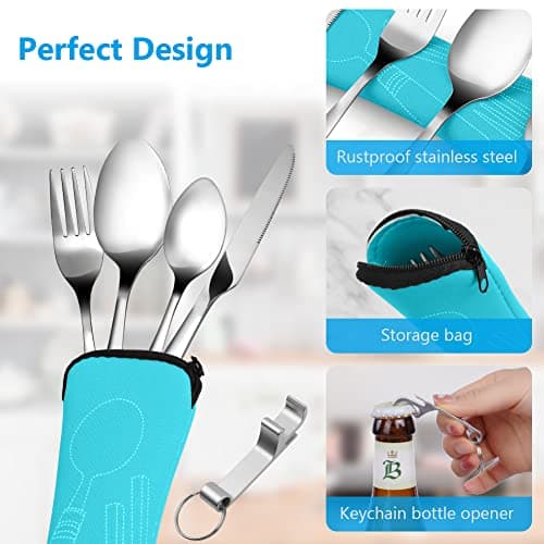 Vicloon 5PCS Camping Cutlery Set, Stainless Steel Flatware Camping Utensil Set with Portable Pouch Case, Outdoor Travel Picnic Office Lunch Cultery for Picnic School Knife Fork Spoon (Sky Blue) — view 3