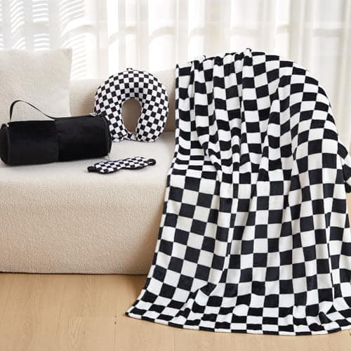 HunnmingRe 5 Pcs Travel Pillow Blanket Set, Airplane,Checkered,Black — view 6
