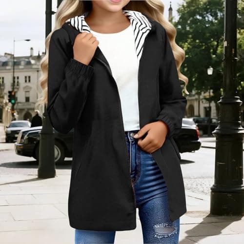 YCBMINGCAN Girls Raincoat Kids Waterproof Jacket | Long Lightweight Windbreaker Parka with Hood | Teen Zip Up School Rain Coat with Pockets Casual Autumn Outerwear for Youth 5-16 — view 2