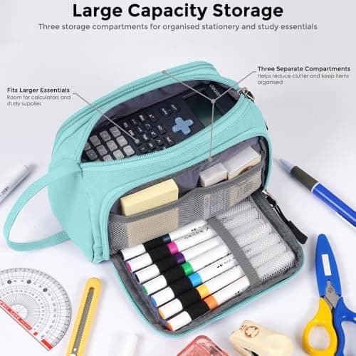 SharkByte Large Pencil Case Organiser, Big Capacity Aesthetic Stationery Storage Pouch with Compartments, Trendy Desk Setup Pen Holder for Students, Study, Makeup, Travel Essentials & Accessories Bag — view 3