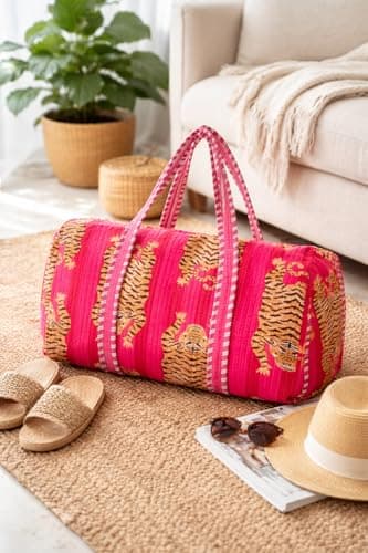 Tiger Print Quilted Cotton Weekender Bag – Handmade Travel Duffel, Gym & Yoga Bag, Lightweight Carry-On Holdall, Pink — view 5