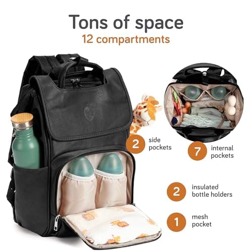 Baby Uma Award-Winning Baby Changing Bag Backpack - Leather-Style for Mum & Dad, Nappy Bag with Insulated Bottle Holders, Multiple Compartments & Changing Mat (Black) — view 3