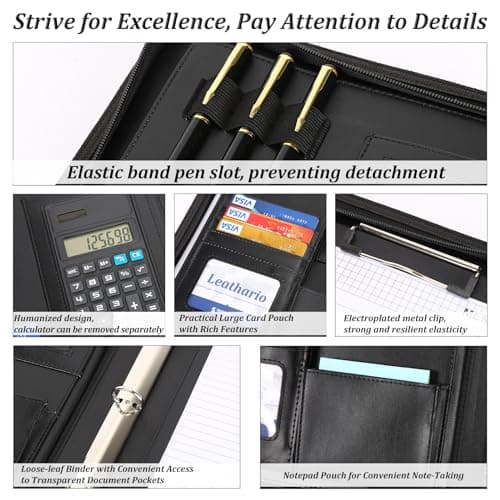 Leathario Portfolio Folder A4, Vegan Leather 4-Ring Conference Folder, Includes 10 Clear Sheet Protectors and a Pen, Multi-Pocket Travel Document Holder, Folder Organiser, Office Supplies — view 5