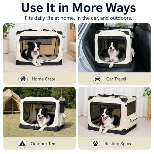GOOGO Foldable Pet Carrier Bag for Cats & Dogs up to 12 kg, 60 x 42 x 42 cm, Soft Dog Travel Crate with Cushion, Oxford Fabric Steel Frame, 4-Side Mesh, Dog Car Carrier for Home, Camping (Beige) — view 6