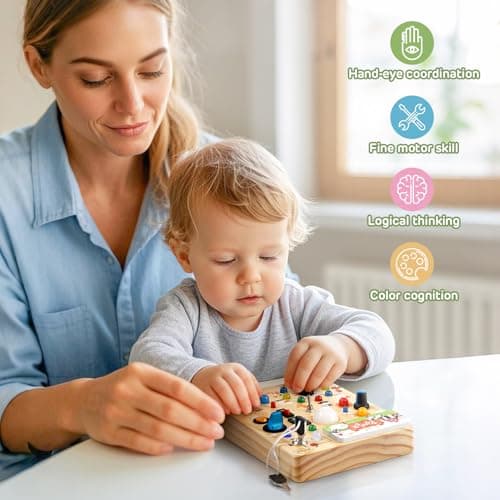 Joyreal Montessori Busy Board 2 Year Old, Fidget Board with 19 LED Lights, Wooden Sensory Toys for Toddlers, Activity Board Educational Toys Travel Toys for Boys Girls 2 3 Year Olds (Farm) — view 6