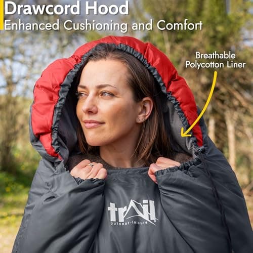 Trail Alpine 250 XL Sleeping Bag with Hood (L230cm x W100cm), Large Extra Wide Envelope Sleeping Bag, 2 to 3 Season Camping, Lightweight, Water Resistant, Soft Polycotton Liner, Compression Bag (Red) — view 4